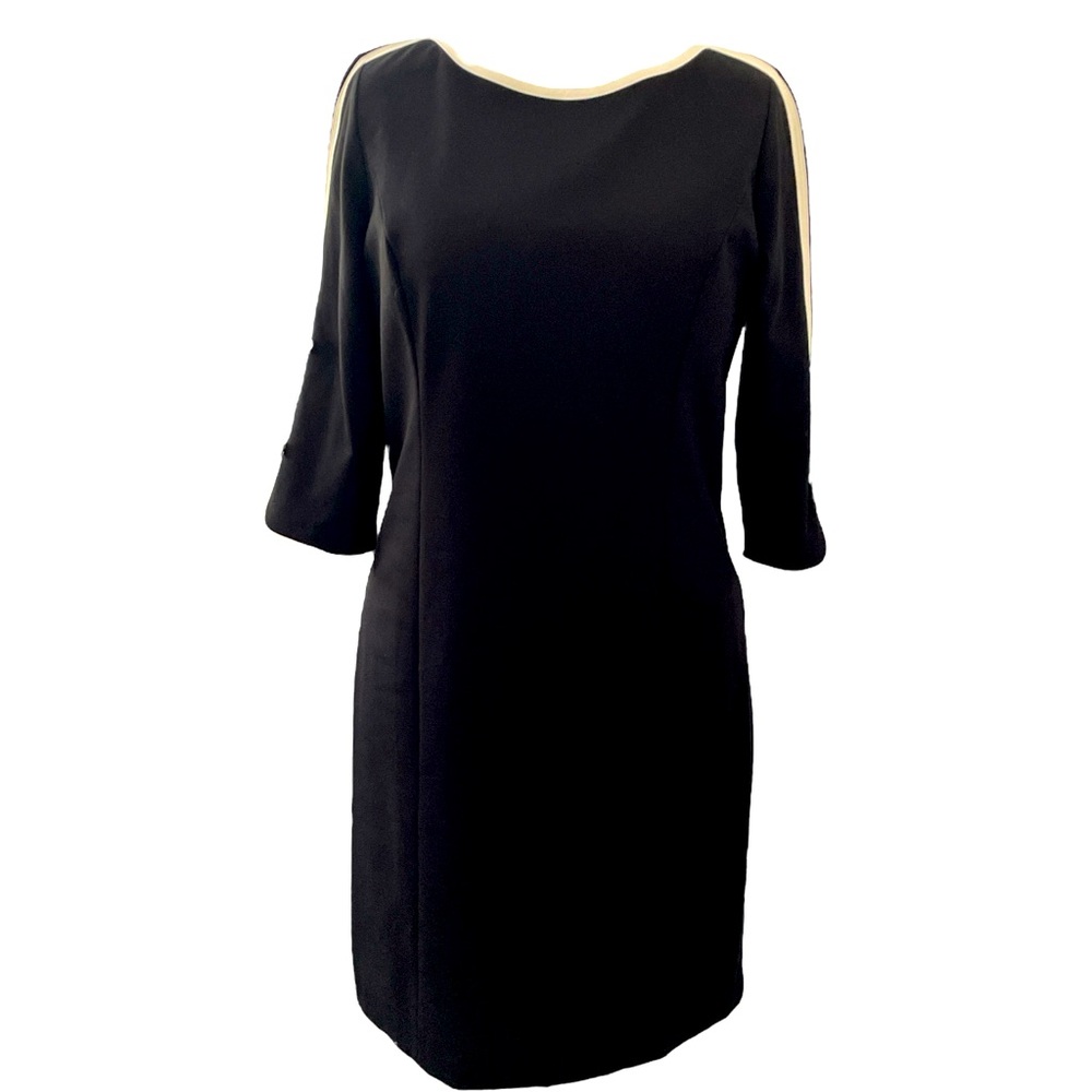 Talbots Black and White trim, 3/4 sleeve fitted midi dress, bow detail, Sz 12